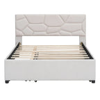 Lit plateforme beige double en lin avec tête de lit motif brique, lit gigogne et tiroirs de rangement