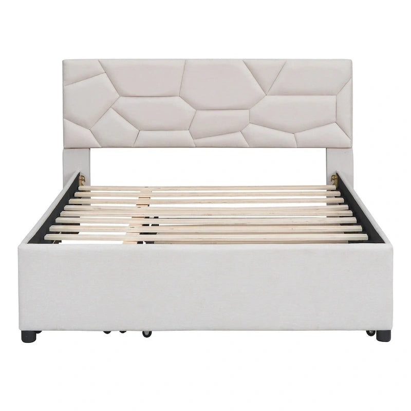 Lit plateforme beige double en lin avec tête de lit motif brique, lit gigogne et tiroirs de rangement