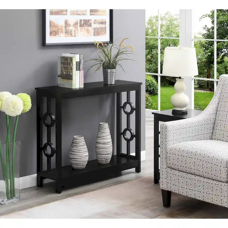 Console 2 étages avec étagère | Gris / Blanc / Noir | Cadre latéral à anneaux