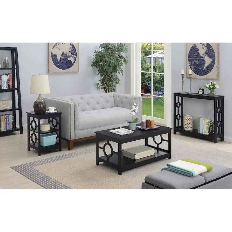 Console 2 étages avec étagère | Gris / Blanc / Noir | Cadre latéral à anneaux