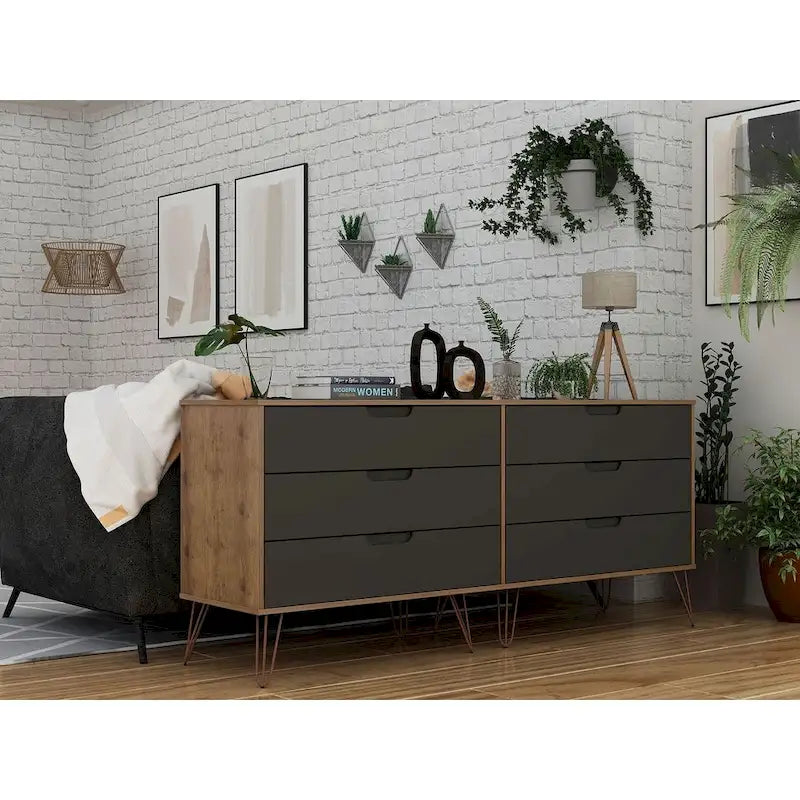 Commode double basse à 6 tiroirs Rockefeller avec pieds en métal