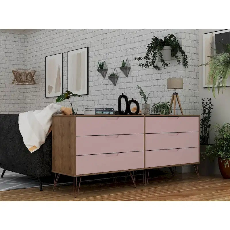 Commode double basse à 6 tiroirs Rockefeller avec pieds en métal
