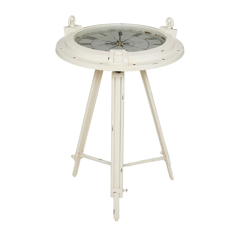 Table d'appoint boussole en métal avec horloge et plateau en verre transparent - Blanche ou noire -