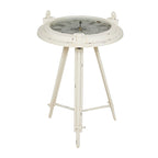 Table d'appoint boussole en métal avec horloge et plateau en verre transparent - Blanche ou noire -