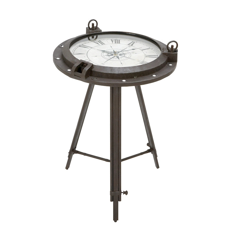 Table d'appoint boussole en métal avec horloge et plateau en verre transparent - Blanche ou noire -