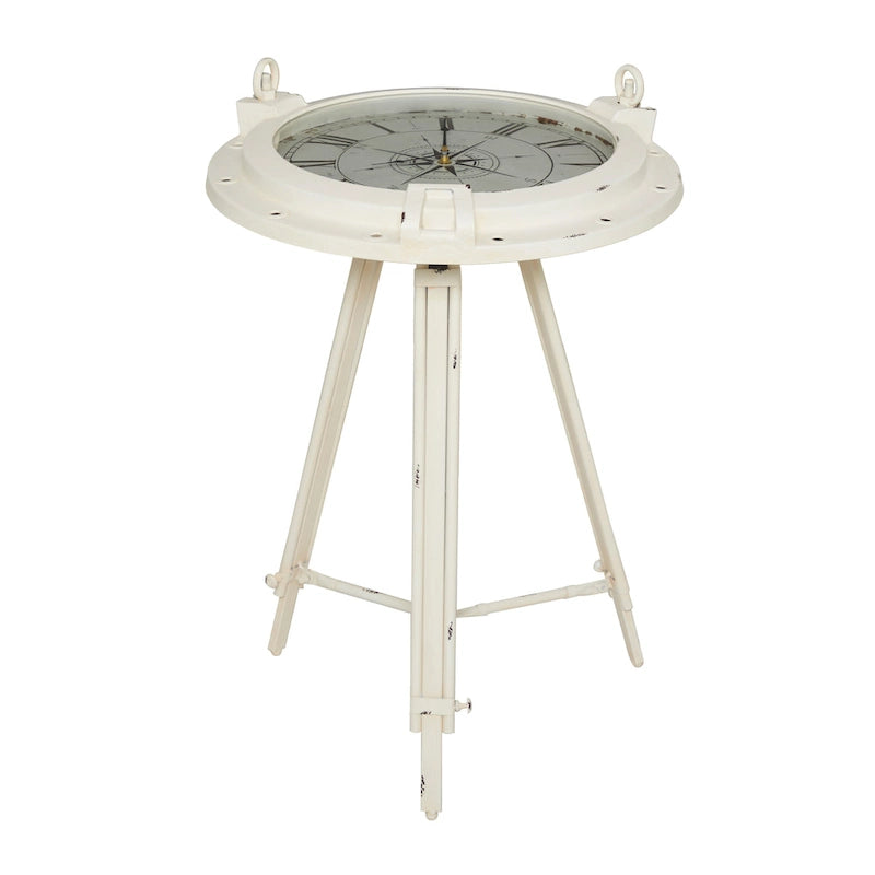 Metal Compass Accent Table with Clock and Clear Glass Top - White or Black -  