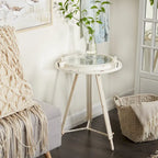 Table d'appoint boussole en métal avec horloge et plateau en verre transparent - Blanche ou noire -