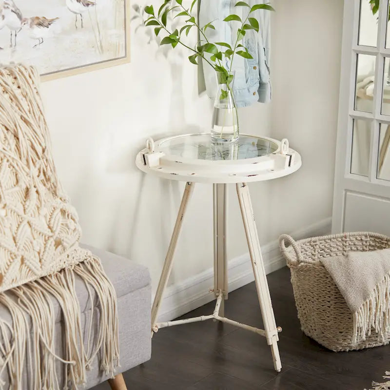 Table d'appoint boussole en métal avec horloge et plateau en verre transparent - Blanche ou noire -