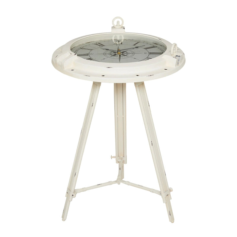 Table d'appoint boussole en métal avec horloge et plateau en verre transparent - Blanche ou noire -