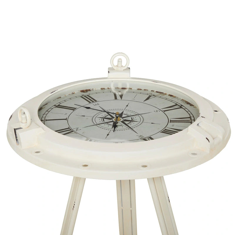 Table d'appoint boussole en métal avec horloge et plateau en verre transparent - Blanche ou noire -