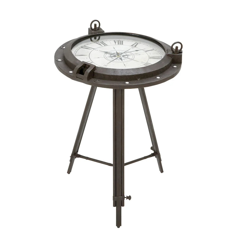 Table d'appoint boussole en métal avec horloge et plateau en verre transparent - Blanche ou noire -