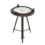 Table d'appoint boussole en métal avec horloge et plateau en verre transparent - Blanche ou noire -