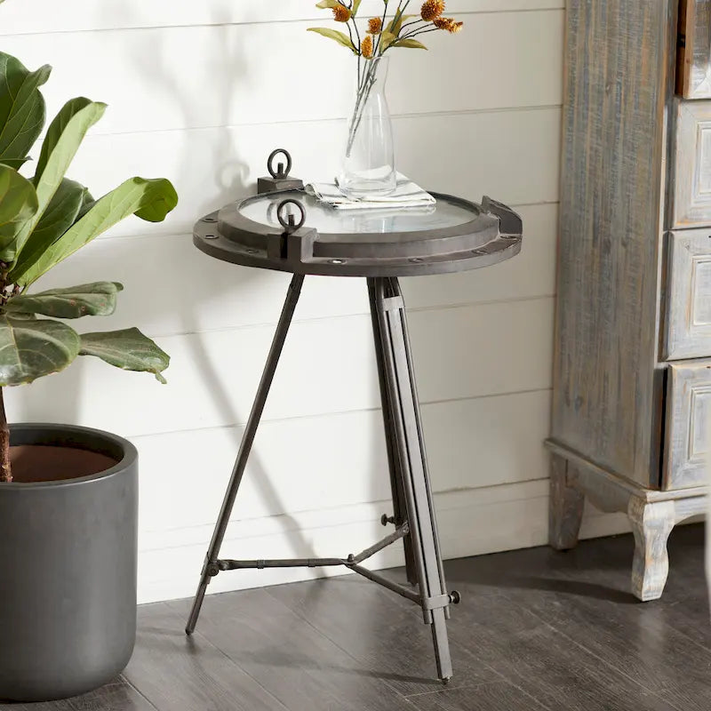 Table d'appoint boussole en métal avec horloge et plateau en verre transparent - Blanche ou noire -