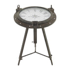 Table d'appoint boussole en métal avec horloge et plateau en verre transparent - Blanche ou noire -