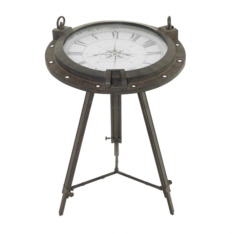 Table d'appoint boussole en métal avec horloge et plateau en verre transparent - Blanche ou noire -