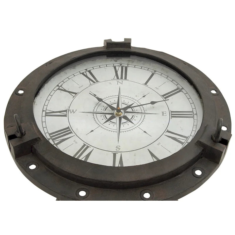 Table d'appoint boussole en métal avec horloge et plateau en verre transparent - Blanche ou noire -