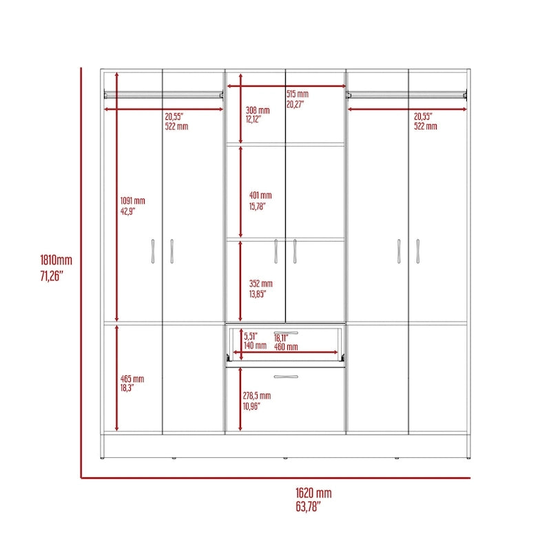 Mitu Six Doors Armoire, sept étagères intérieures, un tiroir, une tringle à vêtements - N/A