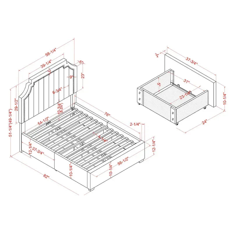 Lit plateforme de rangement capitonné Chapla Art Déco à 4 tiroirs