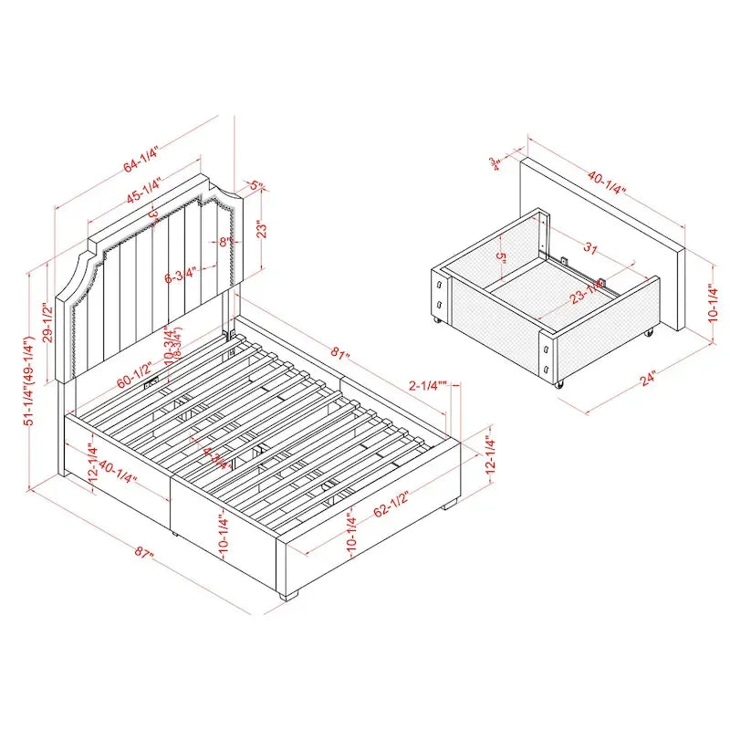 Lit plateforme de rangement capitonné Chapla Art Déco à 4 tiroirs