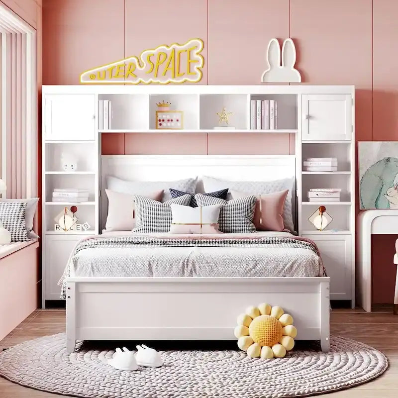 Lit de rangement double en bois blanc/gris/espresso avec armoire et étagère – Pour 2 personnes