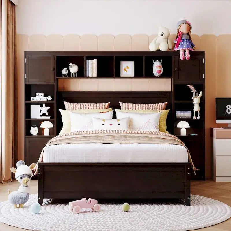Lit de rangement double en bois blanc/gris/espresso avec armoire et étagère – Pour 2 personnes