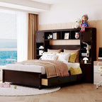 Lit de rangement double en bois blanc/gris/espresso avec armoire et étagère – Pour 2 personnes