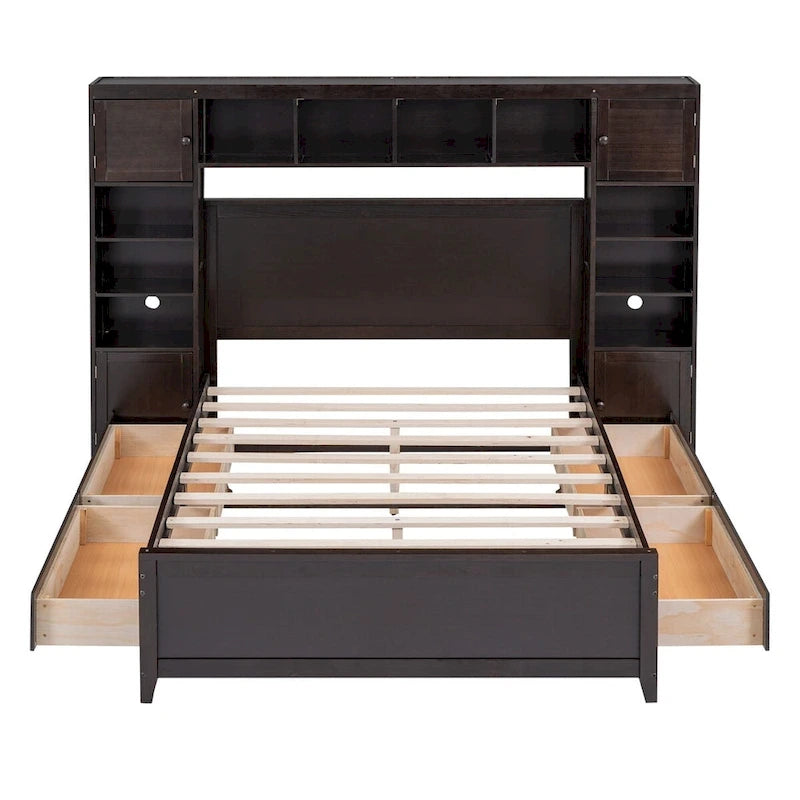 Lit de rangement double en bois blanc/gris/espresso avec armoire et étagère – Pour 2 personnes