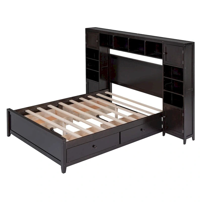 Lit de rangement double en bois blanc/gris/espresso avec armoire et étagère – Pour 2 personnes