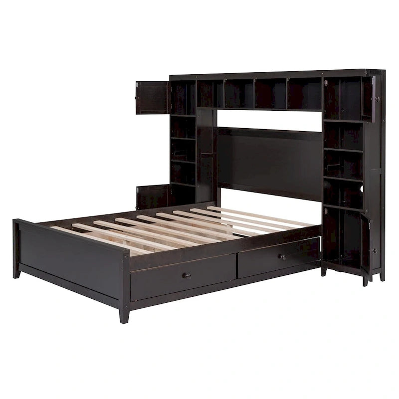 Lit de rangement double en bois blanc/gris/espresso avec armoire et étagère – Pour 2 personnes