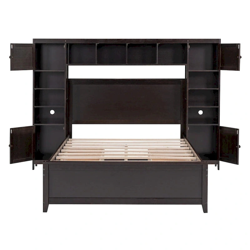 Lit de rangement double en bois blanc/gris/espresso avec armoire et étagère – Pour 2 personnes