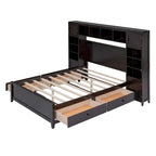 Lit de rangement double en bois blanc/gris/espresso avec armoire et étagère – Pour 2 personnes