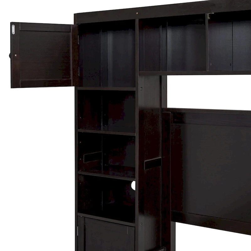 Lit de rangement double en bois blanc/gris/espresso avec armoire et étagère – Pour 2 personnes