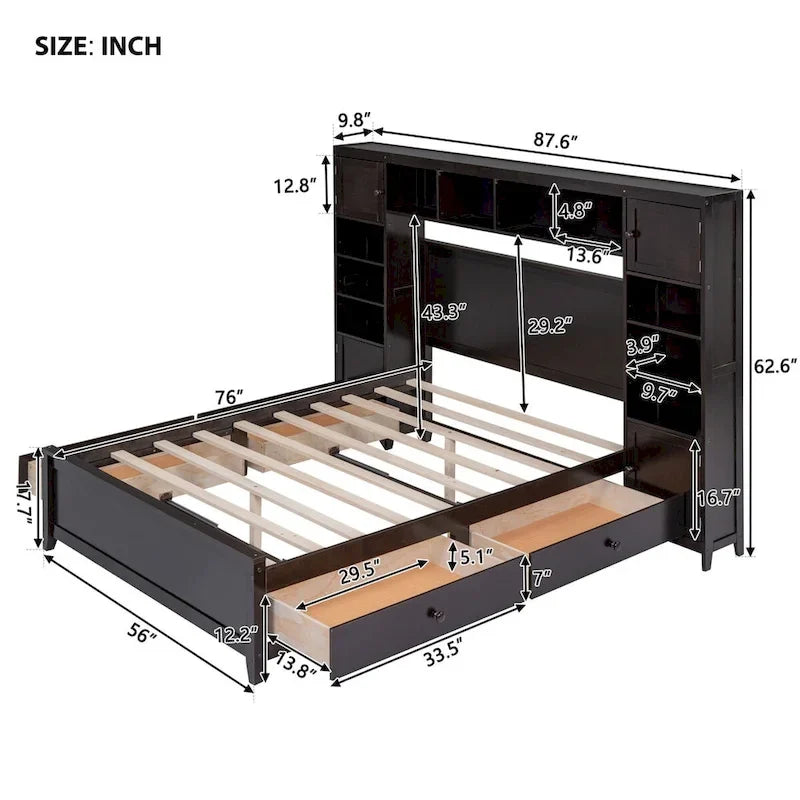 Lit de rangement double en bois blanc/gris/espresso avec armoire et étagère – Pour 2 personnes