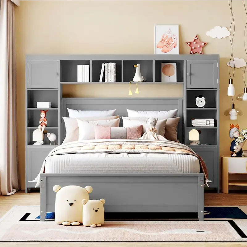 Lit de rangement double en bois blanc/gris/espresso avec armoire et étagère – Pour 2 personnes