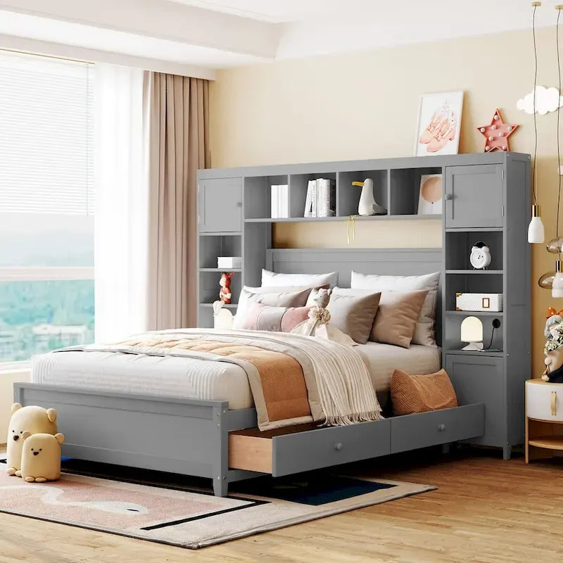 Lit de rangement double en bois blanc/gris/espresso avec armoire et étagère – Pour 2 personnes