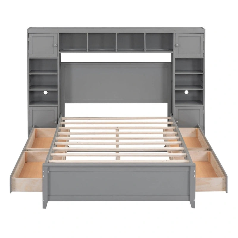 Lit de rangement double en bois blanc/gris/espresso avec armoire et étagère – Pour 2 personnes