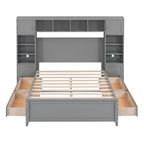 Lit de rangement double en bois blanc/gris/espresso avec armoire et étagère – Pour 2 personnes