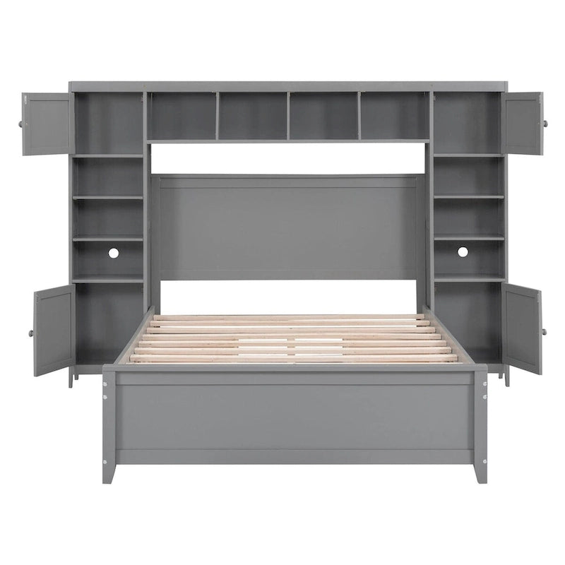 Lit de rangement double en bois blanc/gris/espresso avec armoire et étagère – Pour 2 personnes