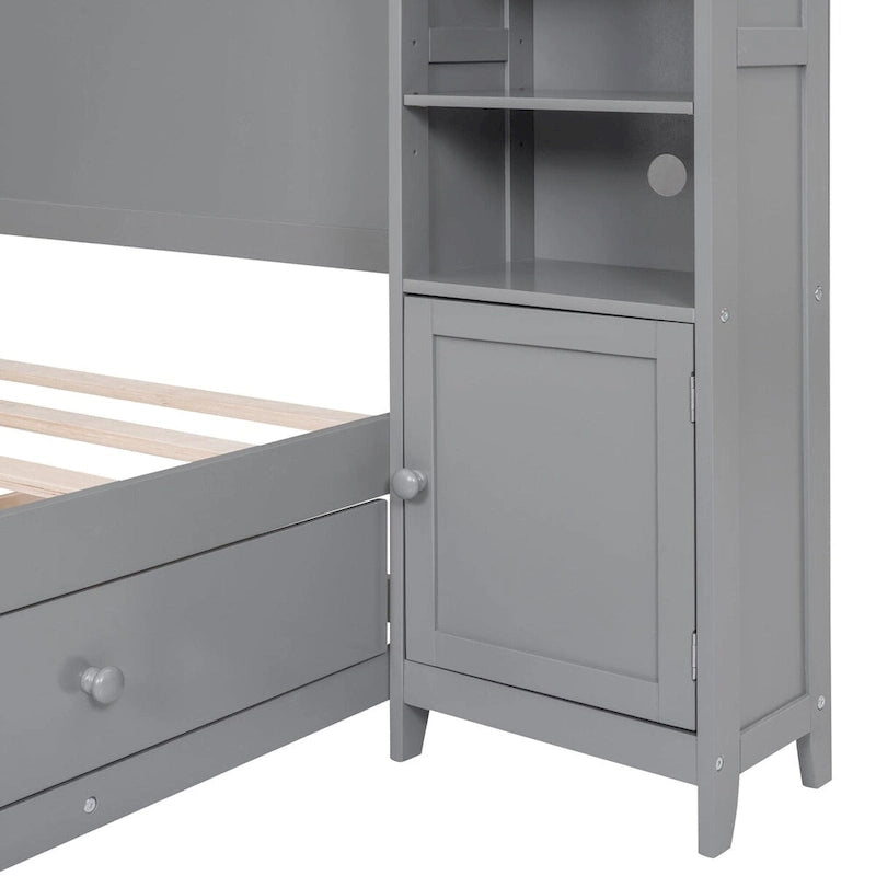 Lit de rangement double en bois blanc/gris/espresso avec armoire et étagère – Pour 2 personnes