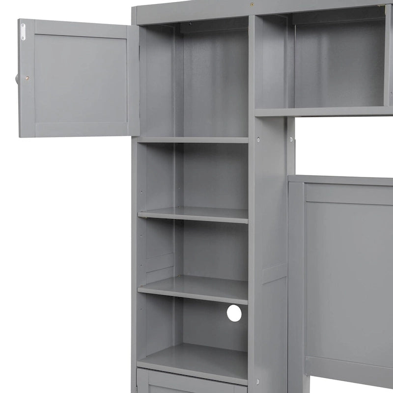 Lit de rangement double en bois blanc/gris/espresso avec armoire et étagère – Pour 2 personnes