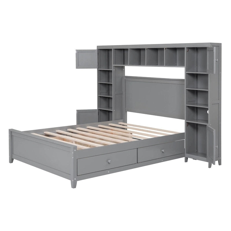 Lit de rangement double en bois blanc/gris/espresso avec armoire et étagère – Pour 2 personnes