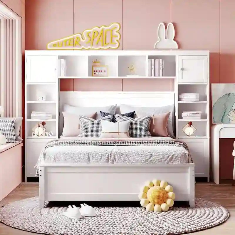 Lit de rangement double en bois blanc/gris/espresso avec armoire et étagère – Pour 2 personnes