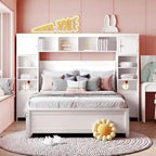 Lit de rangement double en bois blanc/gris/espresso avec armoire et étagère – Pour 2 personnes