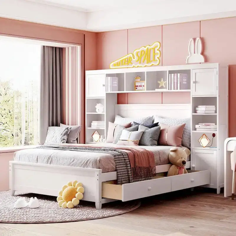 Lit de rangement double en bois blanc/gris/espresso avec armoire et étagère – Pour 2 personnes