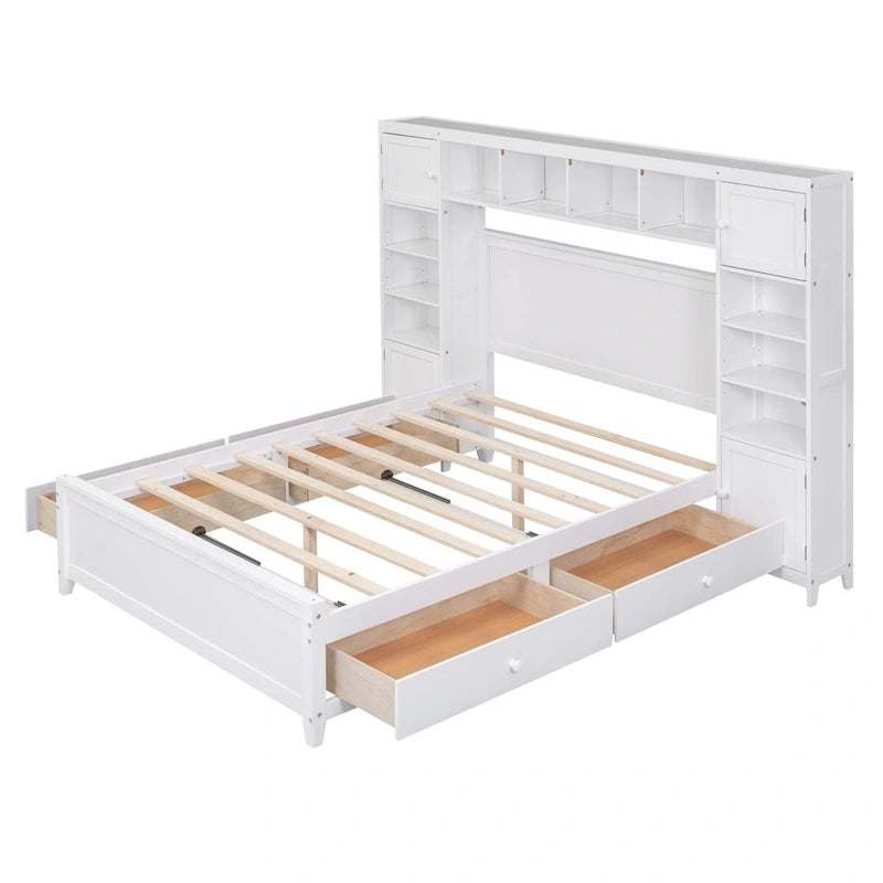 Lit de rangement double en bois blanc/gris/espresso avec armoire et étagère – Pour 2 personnes