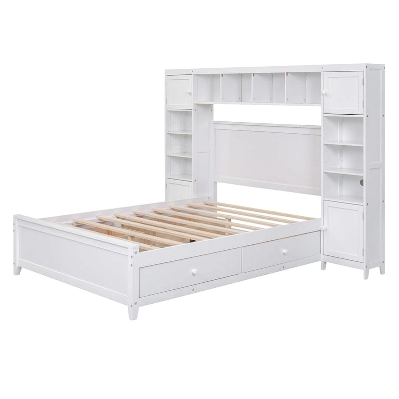 Lit de rangement double en bois blanc/gris/espresso avec armoire et étagère – Pour 2 personnes