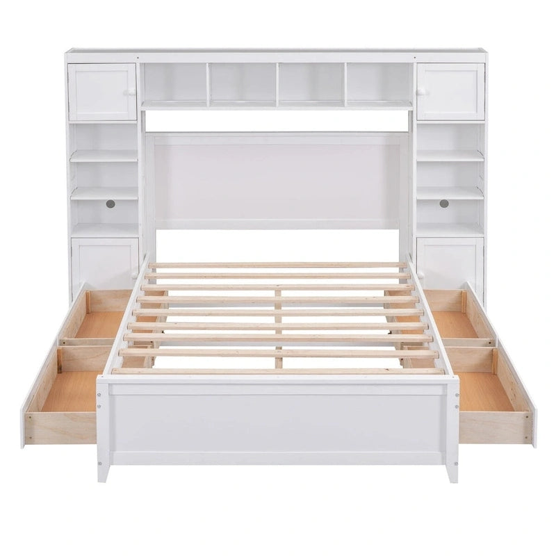 Lit de rangement double en bois blanc/gris/espresso avec armoire et étagère – Pour 2 personnes