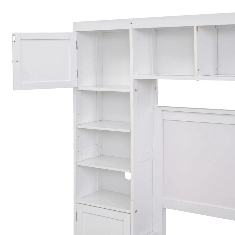 Lit de rangement double en bois blanc/gris/espresso avec armoire et étagère – Pour 2 personnes