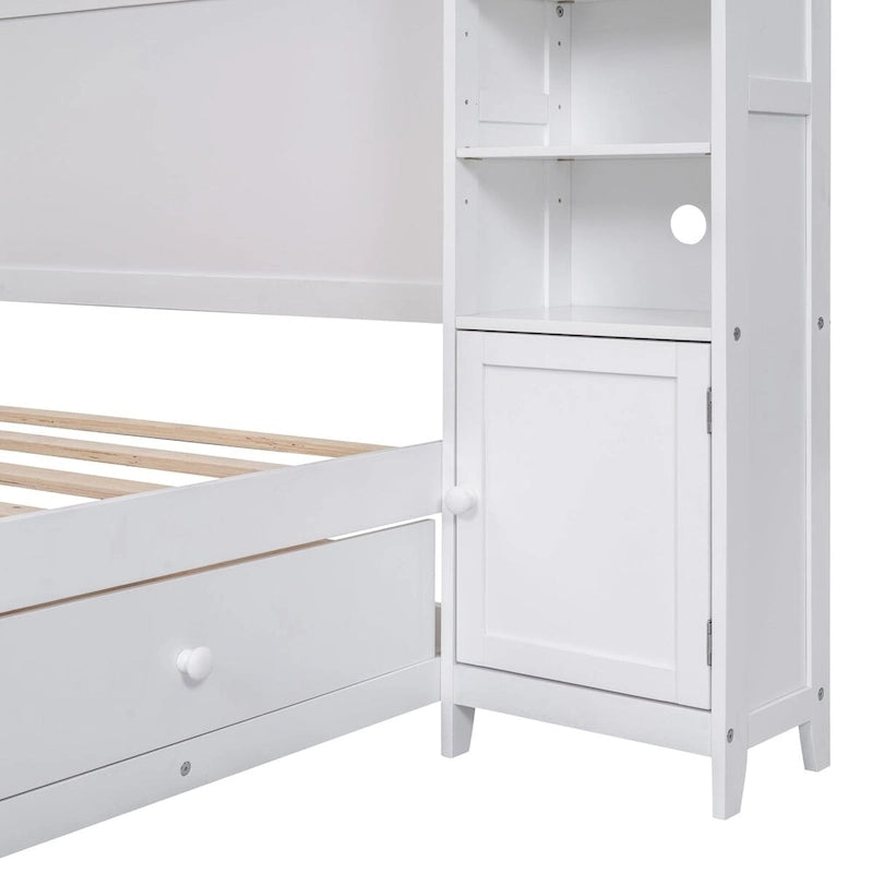Lit de rangement double en bois blanc/gris/espresso avec armoire et étagère – Pour 2 personnes