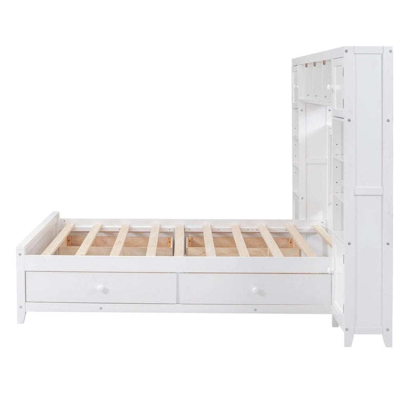 Lit de rangement double en bois blanc/gris/espresso avec armoire et étagère – Pour 2 personnes